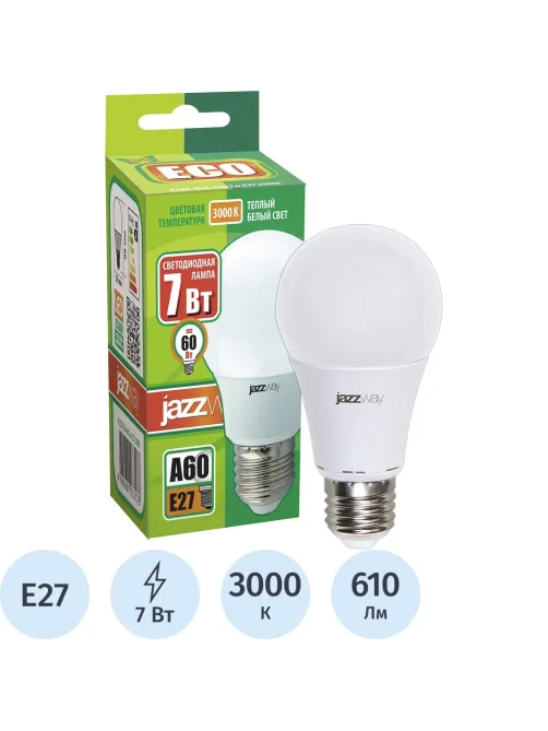 Лампа светодиодная PLED- ECO- A60  7w E27 3000K 220V/50Hz  Jazzway груша