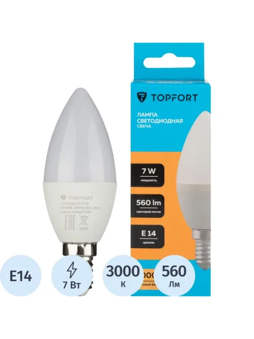 Лампа светодиодная Topfort E14 7W 3000K свеча