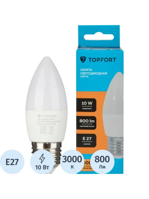 Лампа светодиодная Topfort E27 10W 3000K свеча