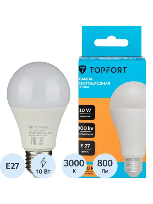 Лампа светодиодная Topfort E27 10W 3000K груша