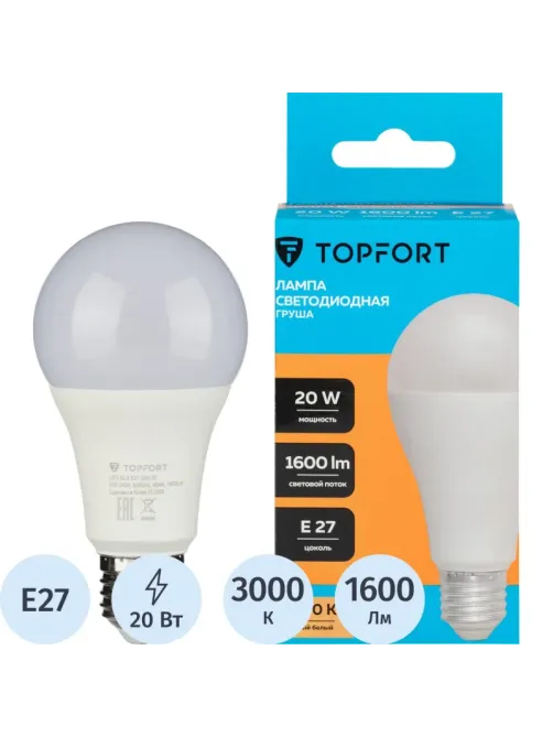 Лампа светодиодная Topfort E27 20W 3000K груша