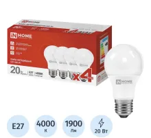 Лампа светодиодная LED-A60-VC 4PACK 20Вт 230В Е27 4000К (4шт./упак) IN HOME