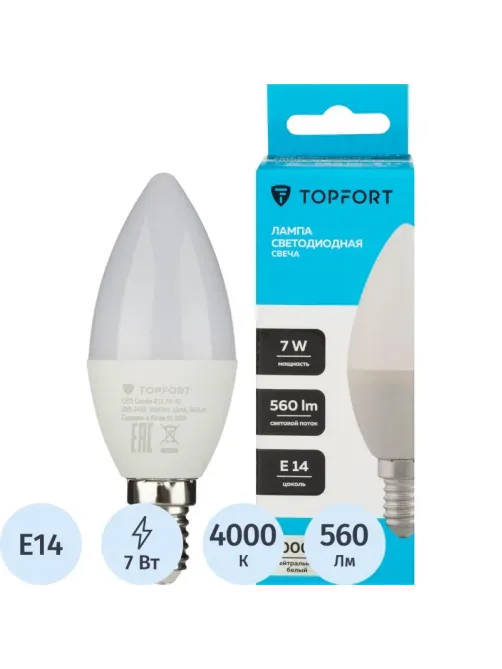 Лампа светодиодная Topfort E14 7W 4000K свеча