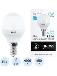 Лампа светодиодная Gauss LED Elementary Шар 6Вт E14 4100K (53126)