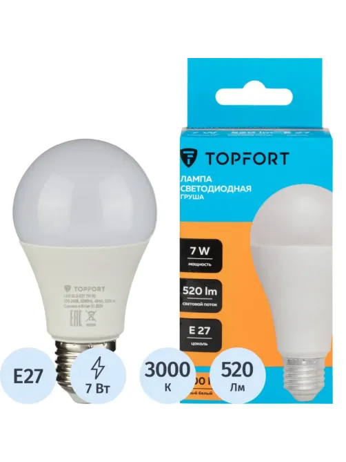 Лампа светодиодная Topfort E27 7W 3000K груша
