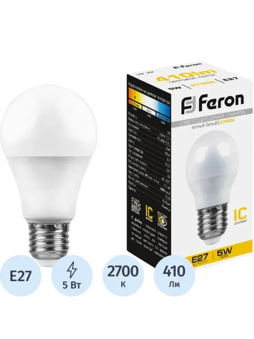 Лампа светодиодная Feron LB-38 Шарик E27 5W 175-265V 2700K(25404)