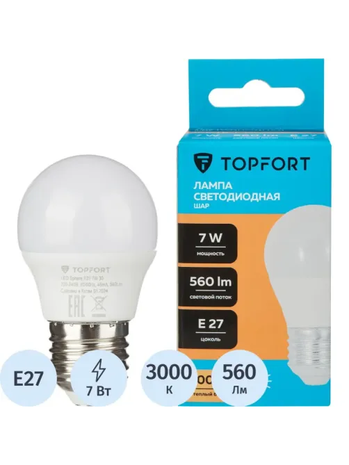 Лампа светодиодная Topfort E27 7W 3000K шар