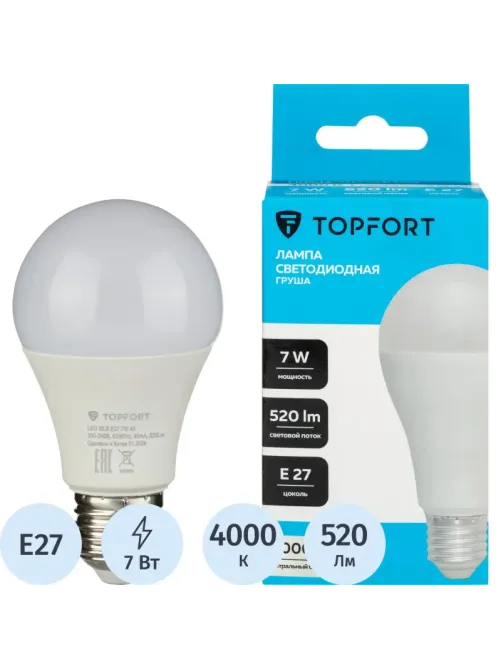 Лампа светодиодная Topfort E27 7W 4000K груша