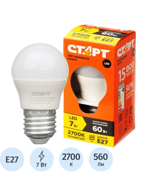 Лампа светодиодная Старт 7W E27 2700k тепл.бел.шар ECO