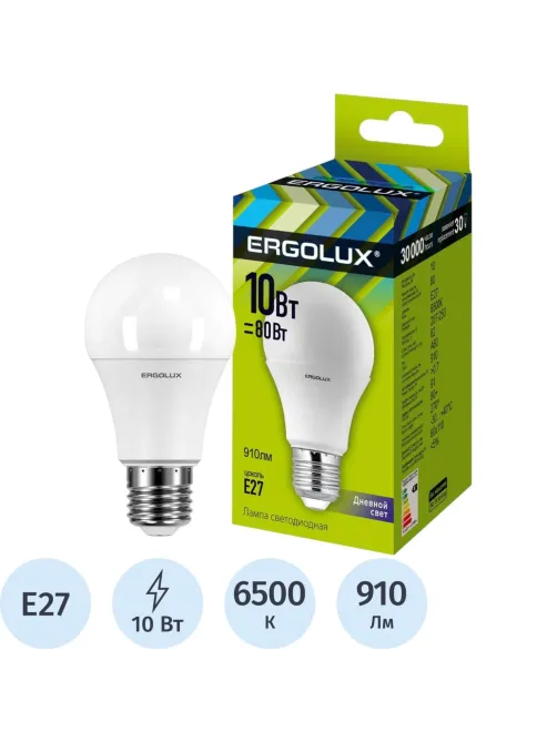 Лампа светодиодная Ergolux LED-A60-10W-E27-6500K Л