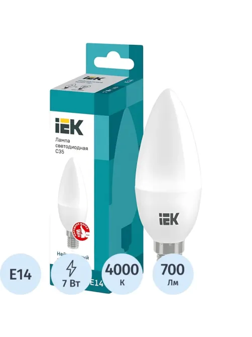 Лампа светодиодная Eco 7Вт C35 свеча 4000К E14 IEK LLE-C35-7-230-40-E14