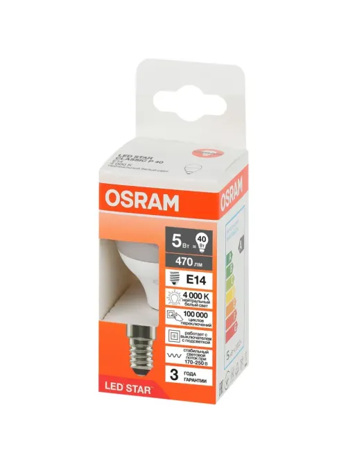 Лампа светодиодная OSRAM LEDSCLP40 5,5W/840 230VFR E14 FS1