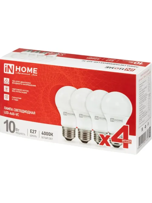 Лампа светодиодная LED-A60-VC 4PACK 10Вт 230В Е27 4000К (4шт./упак) IN HOME