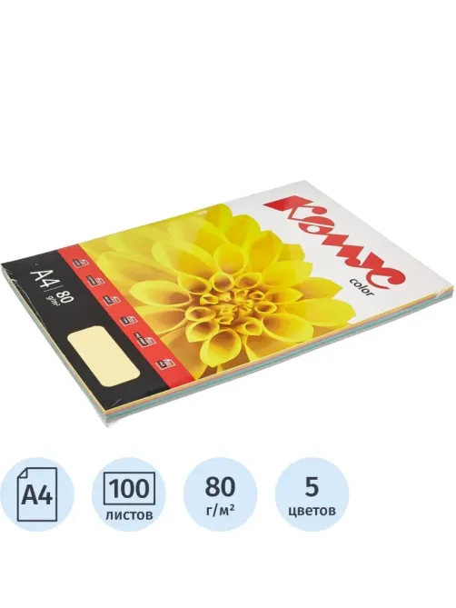 Бумага цветная Комус Color (микс пастель 5цв:ж,р,о,з,л),80г,А4,100 л