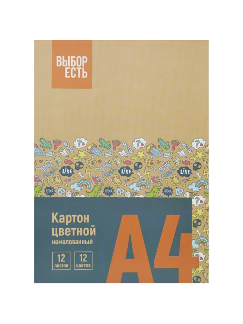 Картон цветной Выбор Есть 12л 12цв А4 немелован папка
