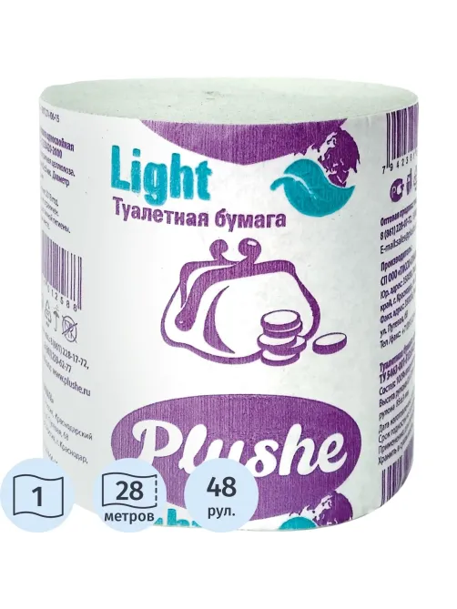Бумага туалетная ЭКО PlusheLight 1сл,28м,серая б/втулки 48рул/уп
