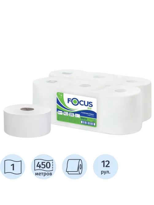 Бумага туалетная д/дисп Focus Eco Jumbo 1сл 450м 12рул/уп_5050785/50202455