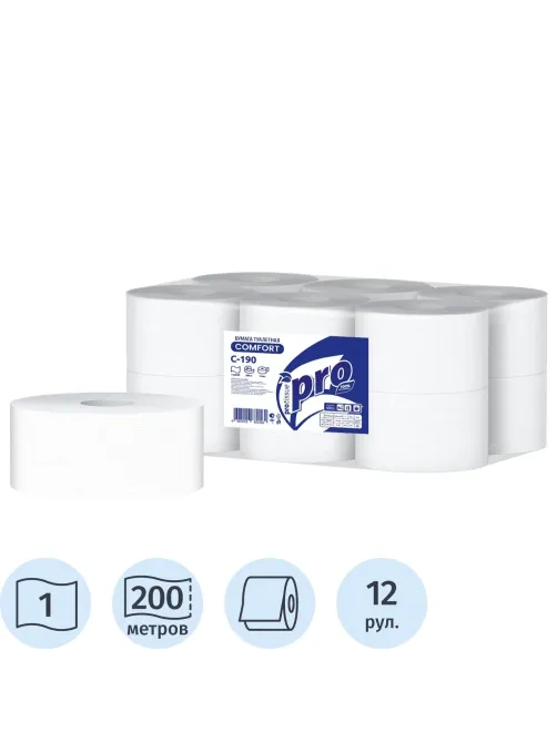Бумага туалетная д/дисп Protissue 1сл белая цел 200м 12рул/уп_С190
