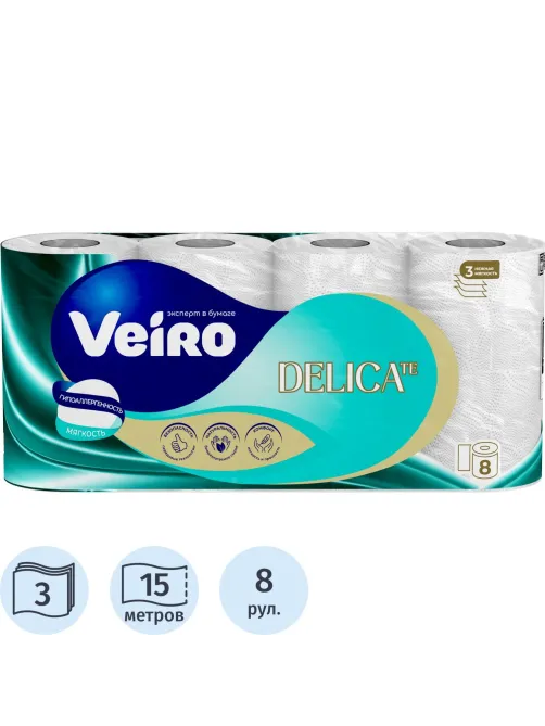 Бумага туалетная Veiro Delicate Ц 3сл 120л 15м 8рул/уп МСК