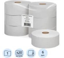 Бумага туалетная д/дисп 1сл белая втор втул 420м 6рул/уп_420W1