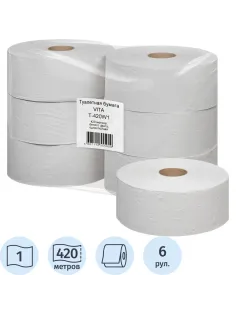 Бумага туалетная д/дисп 1сл белая втор втул 420м 6рул/уп_420W1