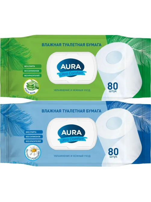Бумага туалетная влажная AURA ULTRA COMFORT с крышкой 80шт/уп