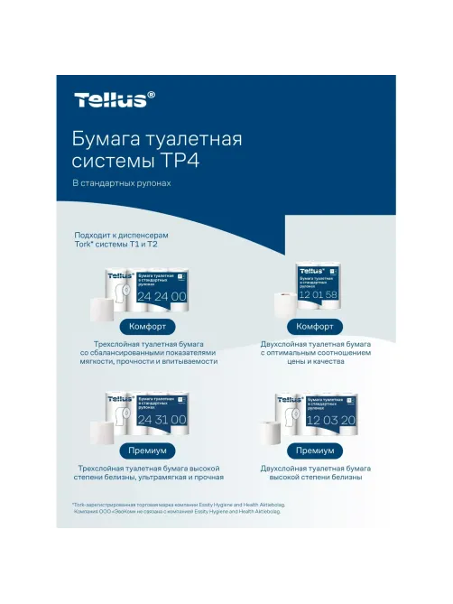 Бумага туалетная Tork/Tellus T4 3сл бел перф Премиум 15м94л 8рул/уп 243100