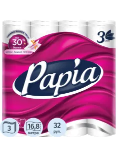 Бумага туалетная Papia 3сл бел 100%цел втул 16,8м 140л 32рул/уп