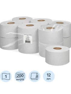Бумага туалетная д/дисп 1сл белая втор втул 200м 12рул/уп_200W1