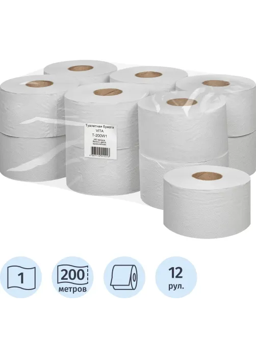 Бумага туалетная д/дисп 1сл белая втор втул 200м 12рул/уп_200W1