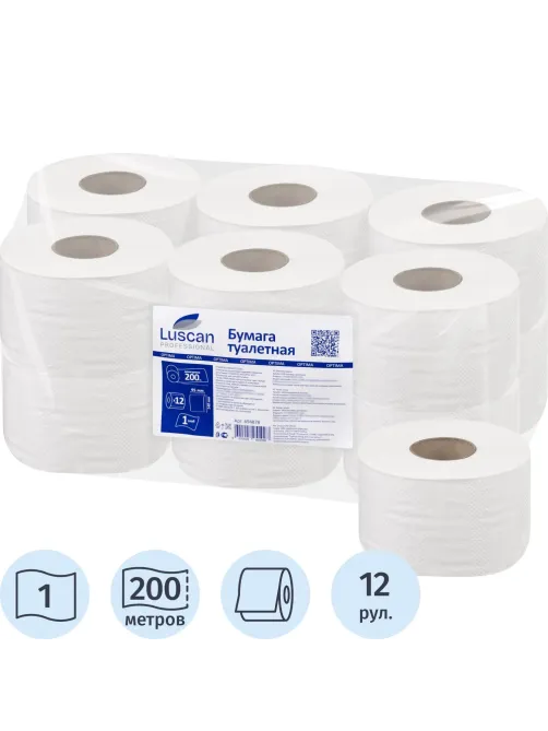Бумага туалетная д/дисп Luscan Professional 1сл бел цел втул 200м 12рул/уп