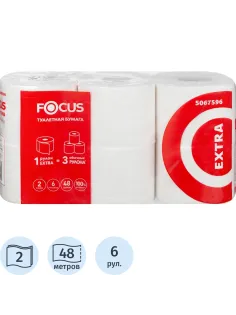 Бумага туалетная Focus Extra 2слбел 100%цел 48м 6рул/уп 5042265/5067596