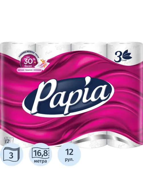 Бумага туалетная Papia Белая 3сл бел 100%цел втул 16,8м 140л 12рул/уп