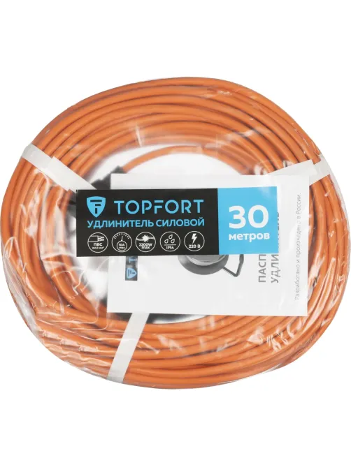 Удлинитель Topfort ПВС 2х1кв.мм 30м в бухте 10А 1 гнездо б/з.,с/заг.,IP44