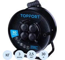 Удлинитель Topfort метал. КГ 3x2,5 кв.мм 30м 16А 4 гнезда с/з.,с/загл.,IP44