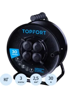 Удлинитель Topfort метал. КГ 3x2,5 кв.мм 30м 16А 4 гнезда с/з.,с/загл.,IP44