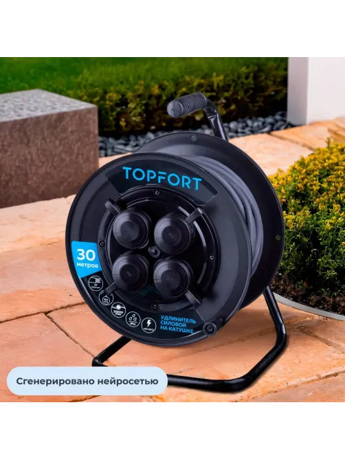 Удлинитель Topfort пласт. КГ 3x2,5 кв.мм 30м 16А 4 гнезда с/з.,с/загл.,IP44