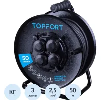 Удлинитель Topfort метал. КГ 3x2,5 кв.мм 50м 16А 4 гнезда с/з.,с/загл.,IP44