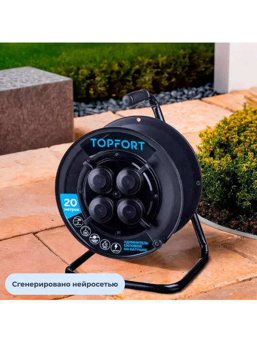 Удлинитель Topfort пласт. КГ 2x2,5 кв.мм 20м 16А 4 гнезда б/з.,с/загл.,IP44