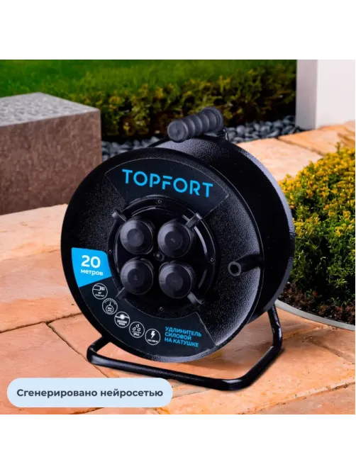 Удлинитель Topfort метал. КГ 2x2,5 кв.мм 20м 16А 4 гнезда б/з.,с/загл.,IP44