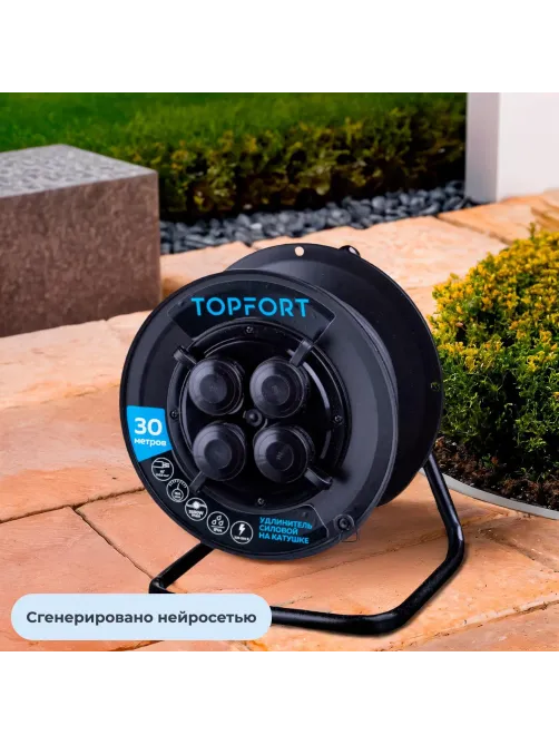 Удлинитель Topfort пласт. КГ 2x2,5 кв.мм 30м 16А 4 гнезда б/з.,с/загл.,IP44