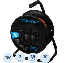 Удлинитель Topfort ПВС 2х1,5кв.мм, 30м на пласт.катушке, 4 роз. б/з, IP44