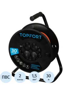 Удлинитель Topfort ПВС 2х1,5кв.мм, 30м на пласт.катушке, 4 роз. б/з, IP44
