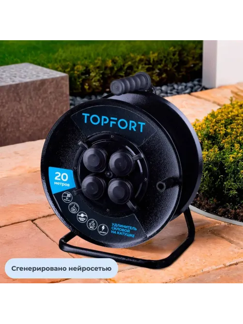Удлинитель Topfort метал. КГ 3x2,5 кв.мм 20м 16А 4 гнезда с/з.,с/загл.,IP44