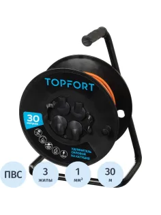 Удлинитель Topfort ПВС 3х1кв.мм, 30м на пласт.катушке, 4 роз. с/з, IP44