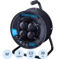 Удлинитель Topfort пласт. КГ 3x2,5 кв.мм 20м 16А 4 гнезда с/з.,с/загл.,IP44