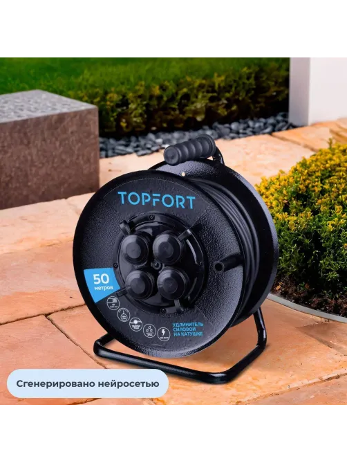 Удлинитель Topfort метал. КГ 3x2,5 кв.мм 50м 16А 4 гнезда с/з.,с/загл.,IP44