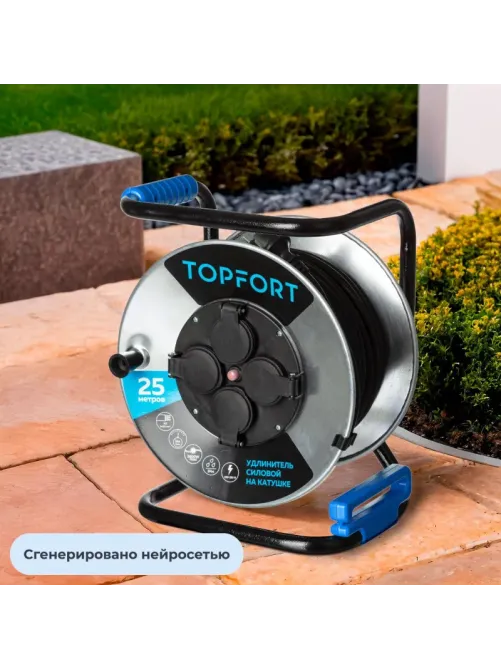 Удлинитель Topfort КГ 3x2.5 кв.мм. 25м 16А 4 гнезда с/з., с/загл. IP44