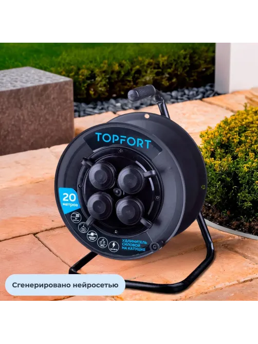 Удлинитель Topfort пласт. КГ 3x2,5 кв.мм 20м 16А 4 гнезда с/з.,с/загл.,IP44