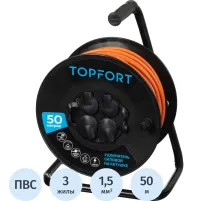Удлинитель Topfort ПВС 3х1,5кв.мм, 50м на пласт.катушке, 4 роз. с/з, IP44